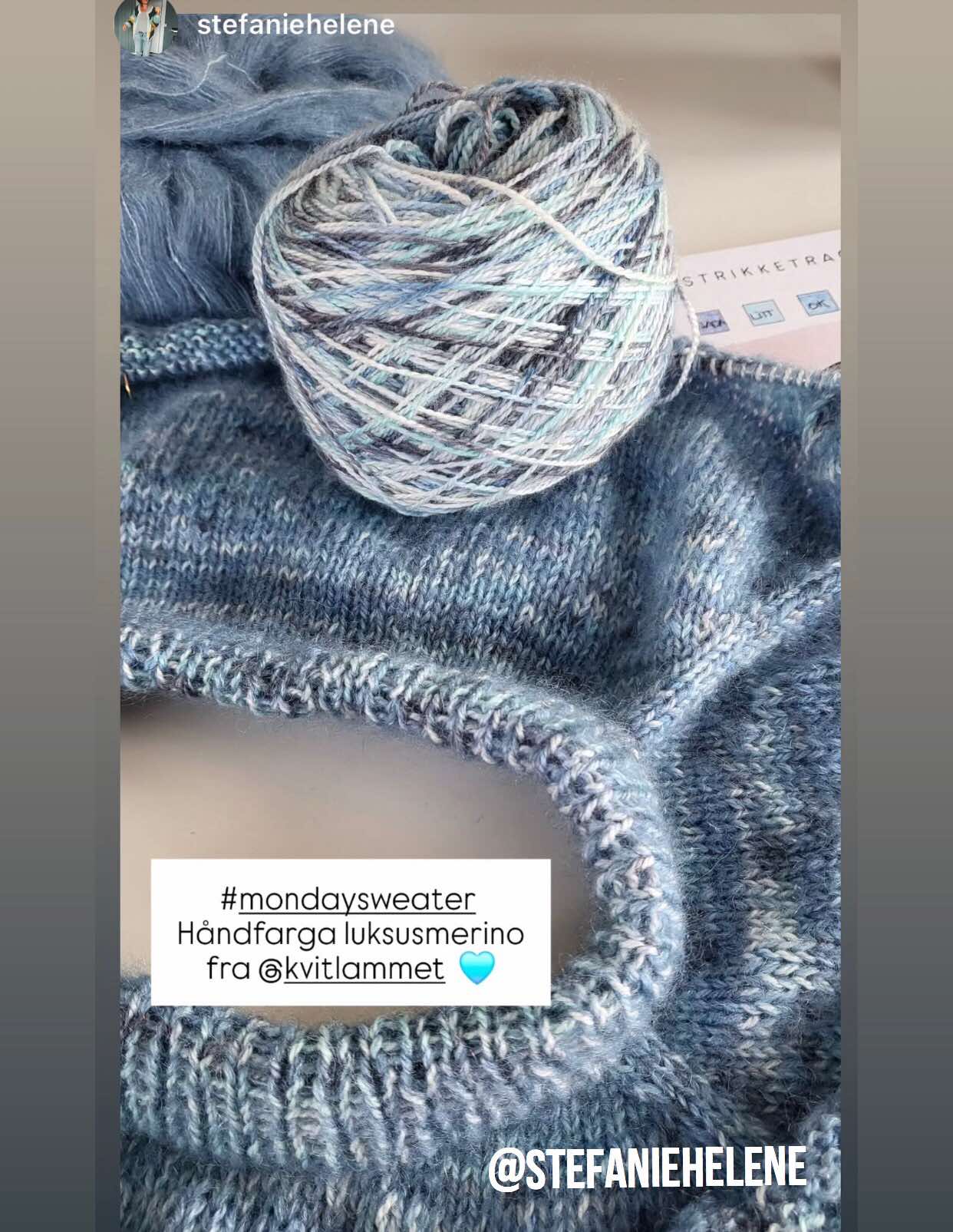 Kvitlammets Luksus merino. Abyss. 100 g : ca 600 m. Pinnestr: 3 - 4 mm.