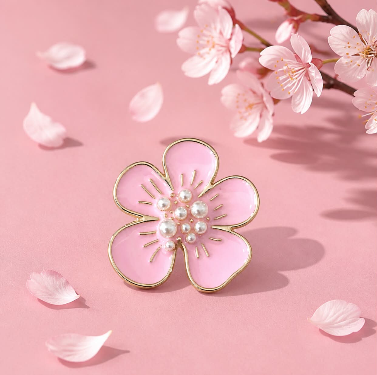Clip-on pynteknapp – Rosa blomst med perler, pr. stk