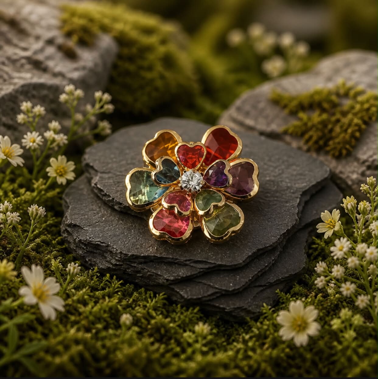 Clip-on pynteknapp – Hjerteblomst i regnbuefarger, pr. stk