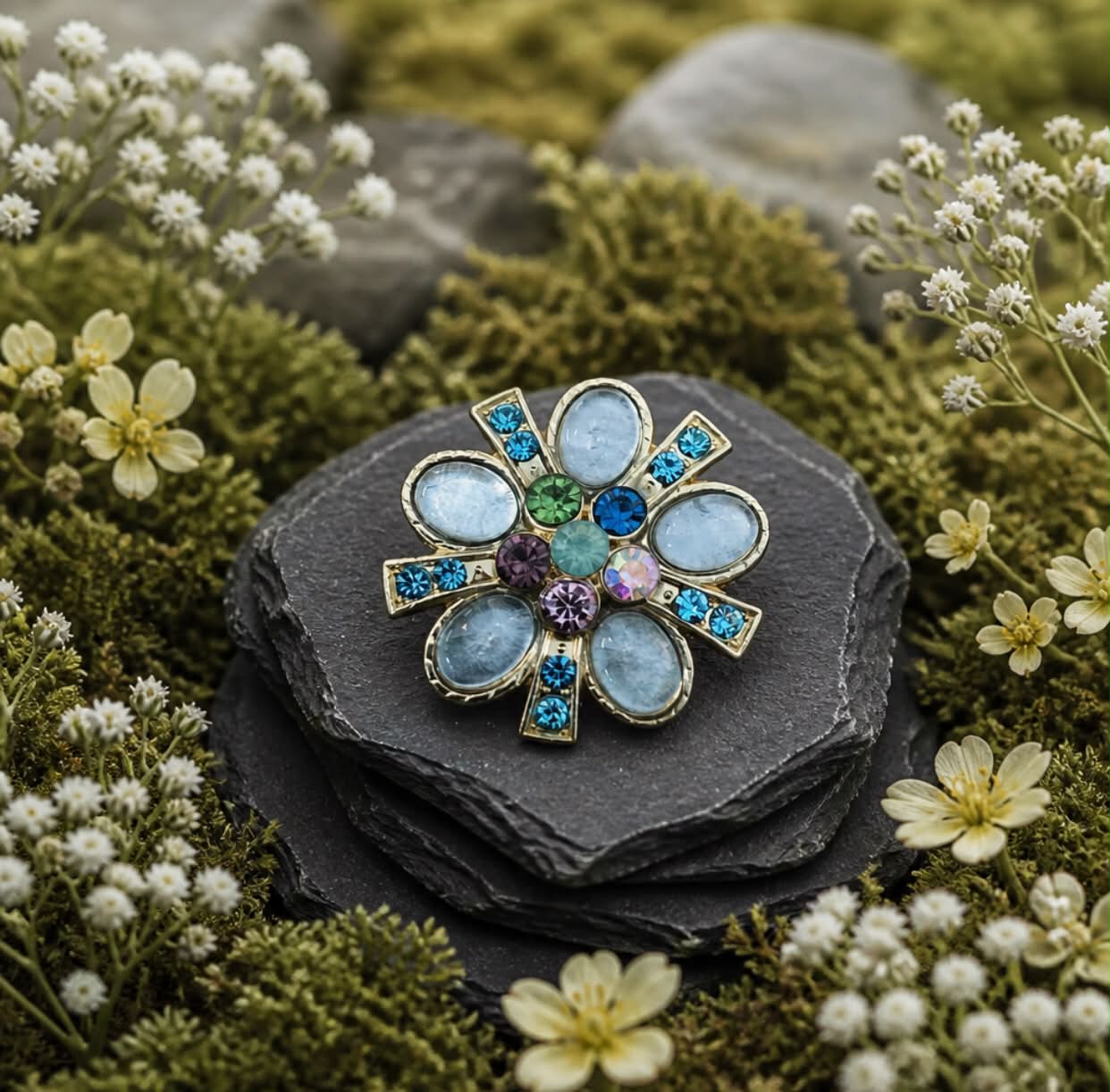 Clip-on pynteknapp – Nordisk blomst med krystaller, pr. stk
