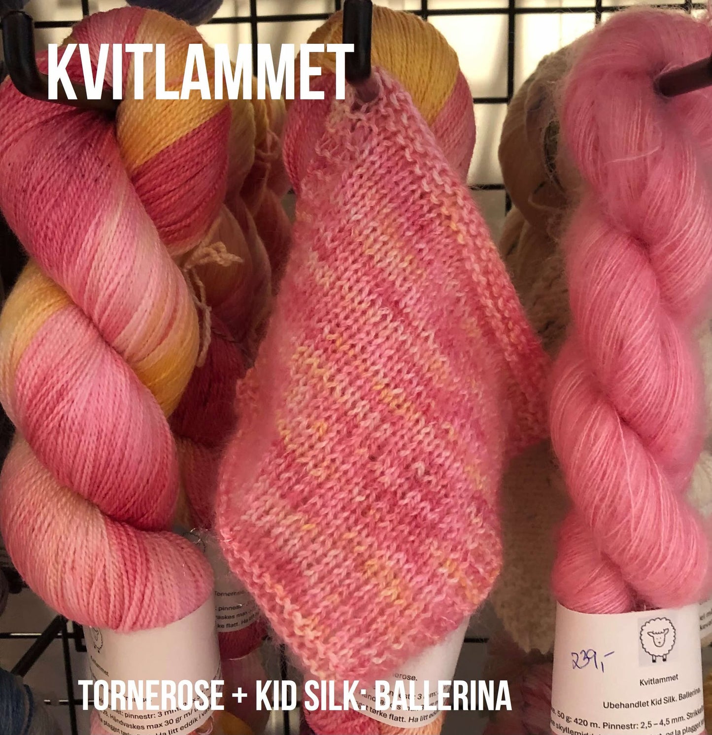 Kvitlammets Luksus merino. Tornerose. 100 g : ca 600 m. Pinnestr: 3 - 4 mm.