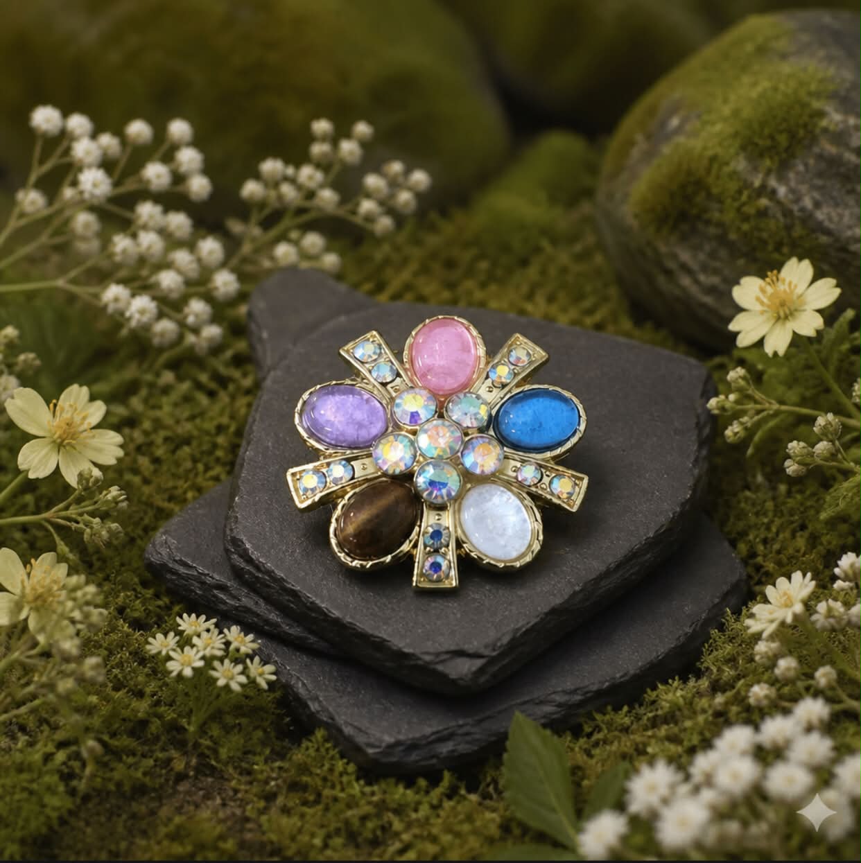 Clip-on pynteknapp – Regnbuens blomst, pr. stk