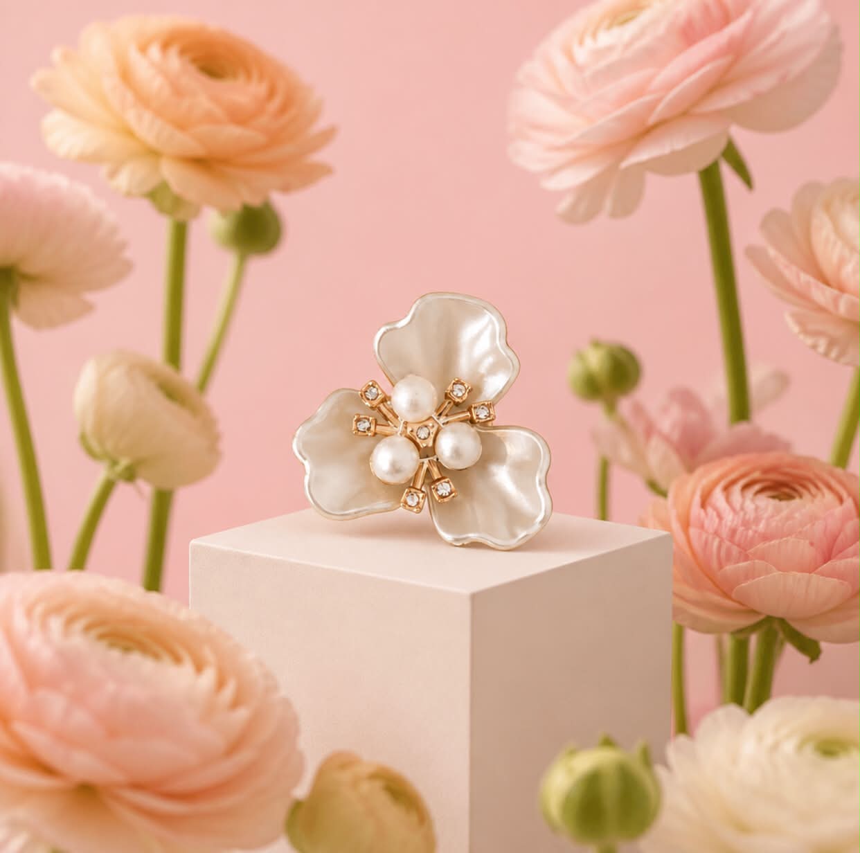 Clip-on pynteknapp – Perlemorvit blomst med perler og glitrende stener, pr. stk