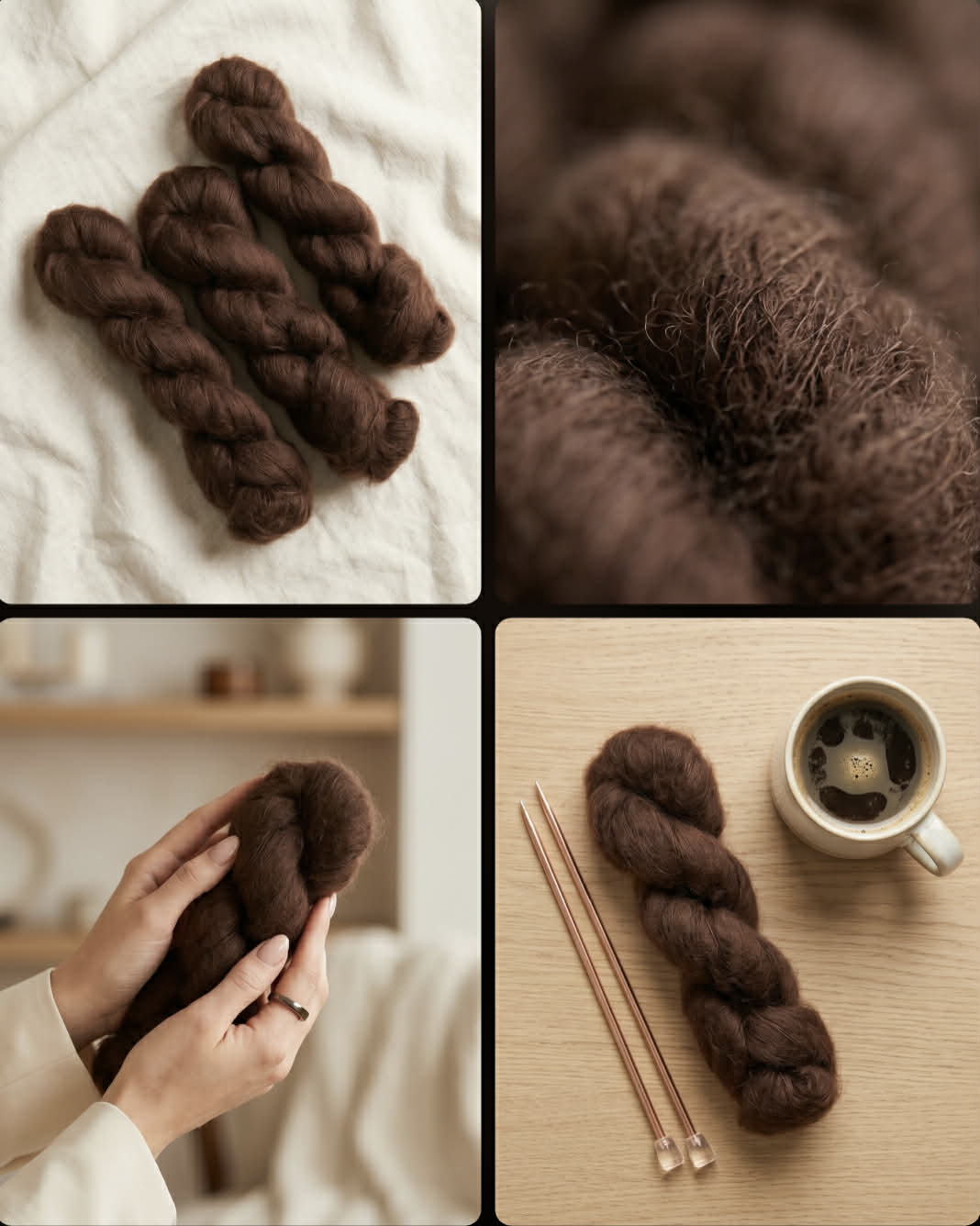 Dark Chocolate. Brushed Kid Silk, ubehandlet. Melert.